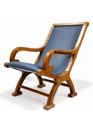 Vintage Handmade Teak Wood and Blue Leatherette Armchair