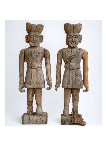 Rare Pair of Vintage Royal Rajasthani, Life Size Guards, Hand Carved from Teak Wood